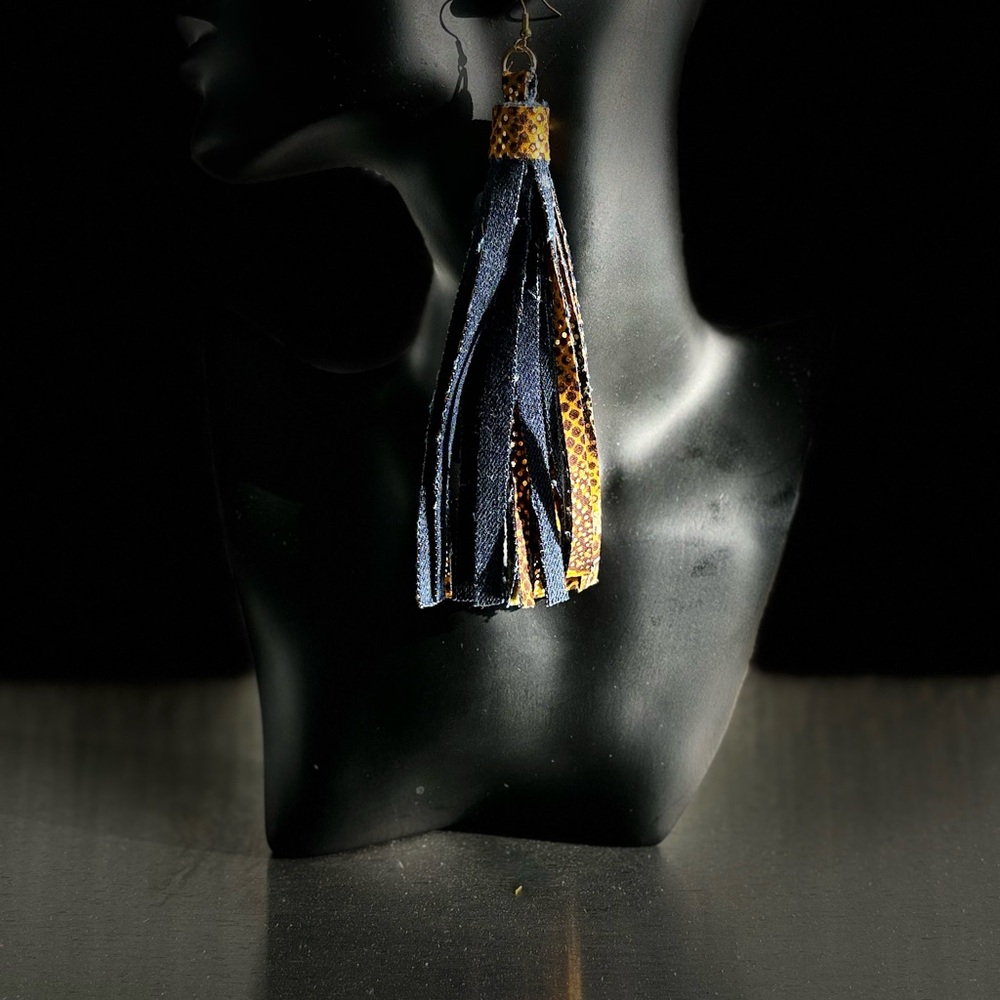 Denim and African print tassel earrings. 5” drop. Hypoallergenic earrin…